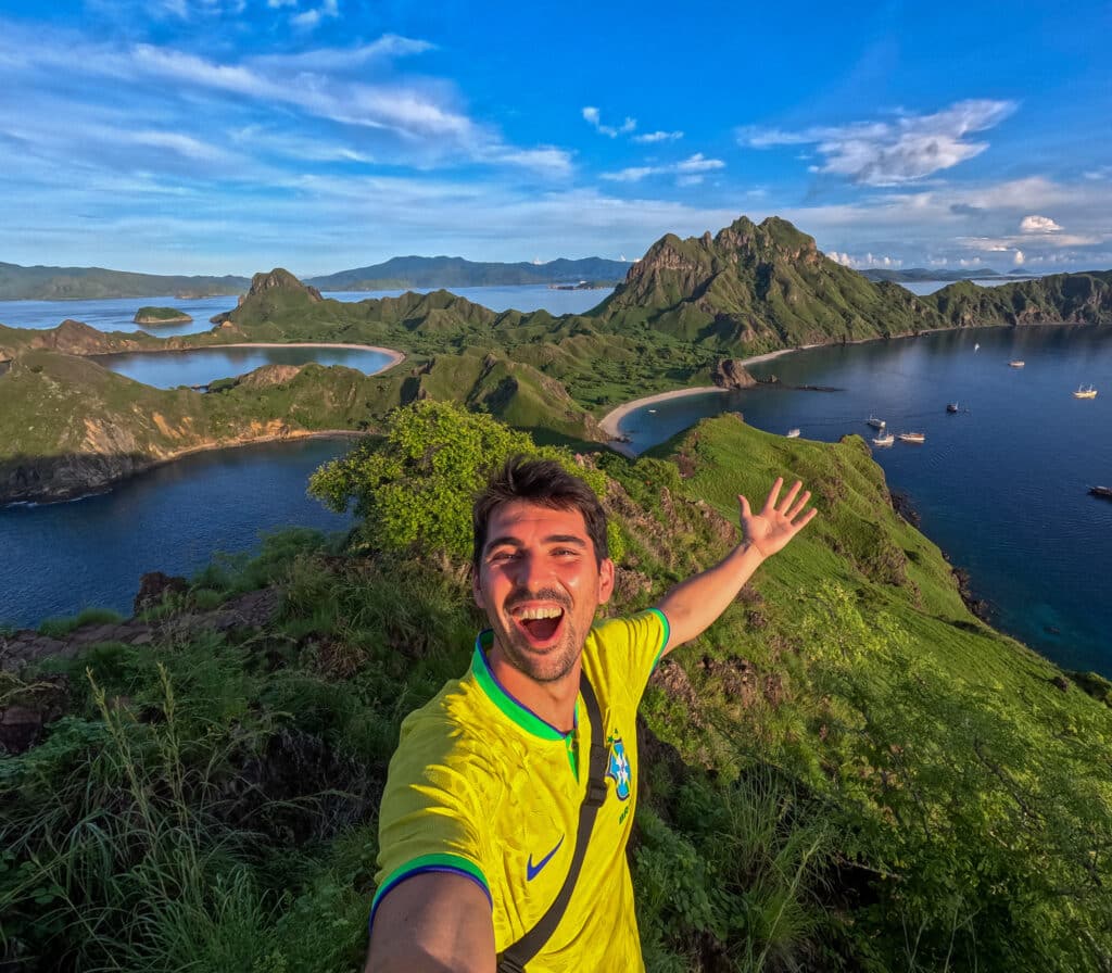 happy selfie at the viewpoint at Padar island one of the msot beautiful island in the Komod Park in Indonesia
