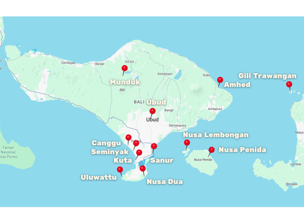 map of the Island bali with pins on it showing some cities or place people can stays at that is worth it.