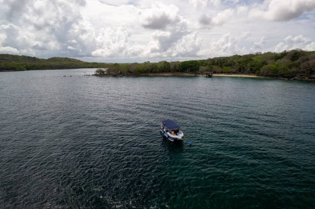 Aerial view of a scuba diving boat with cartagena divers near the city