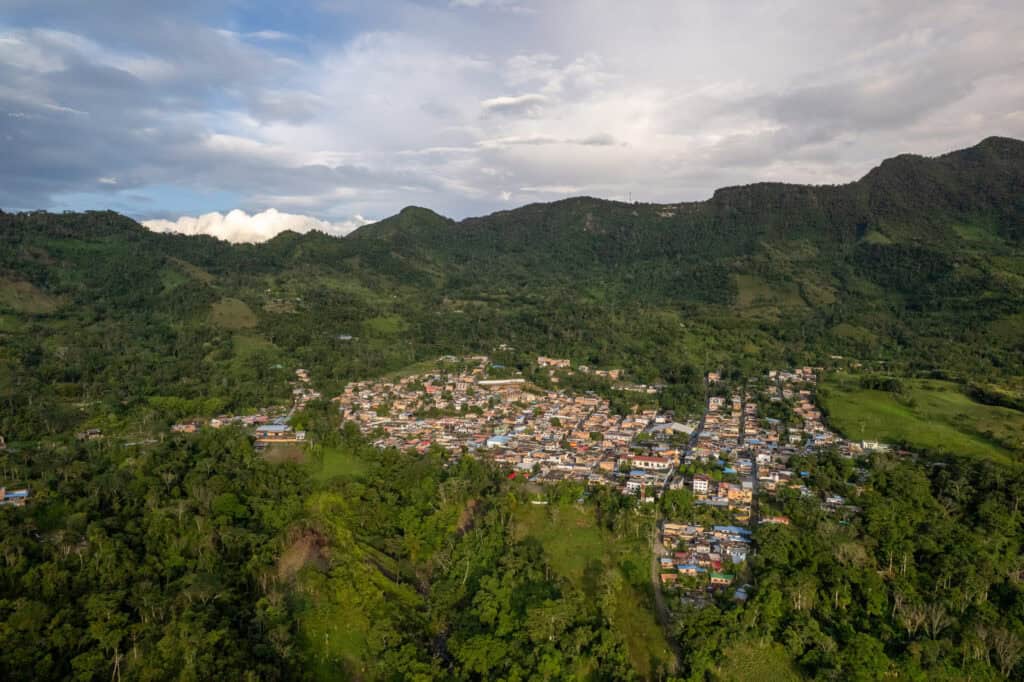 Aerial view of Muzo city in the mountains of Colombia in Bocaya region