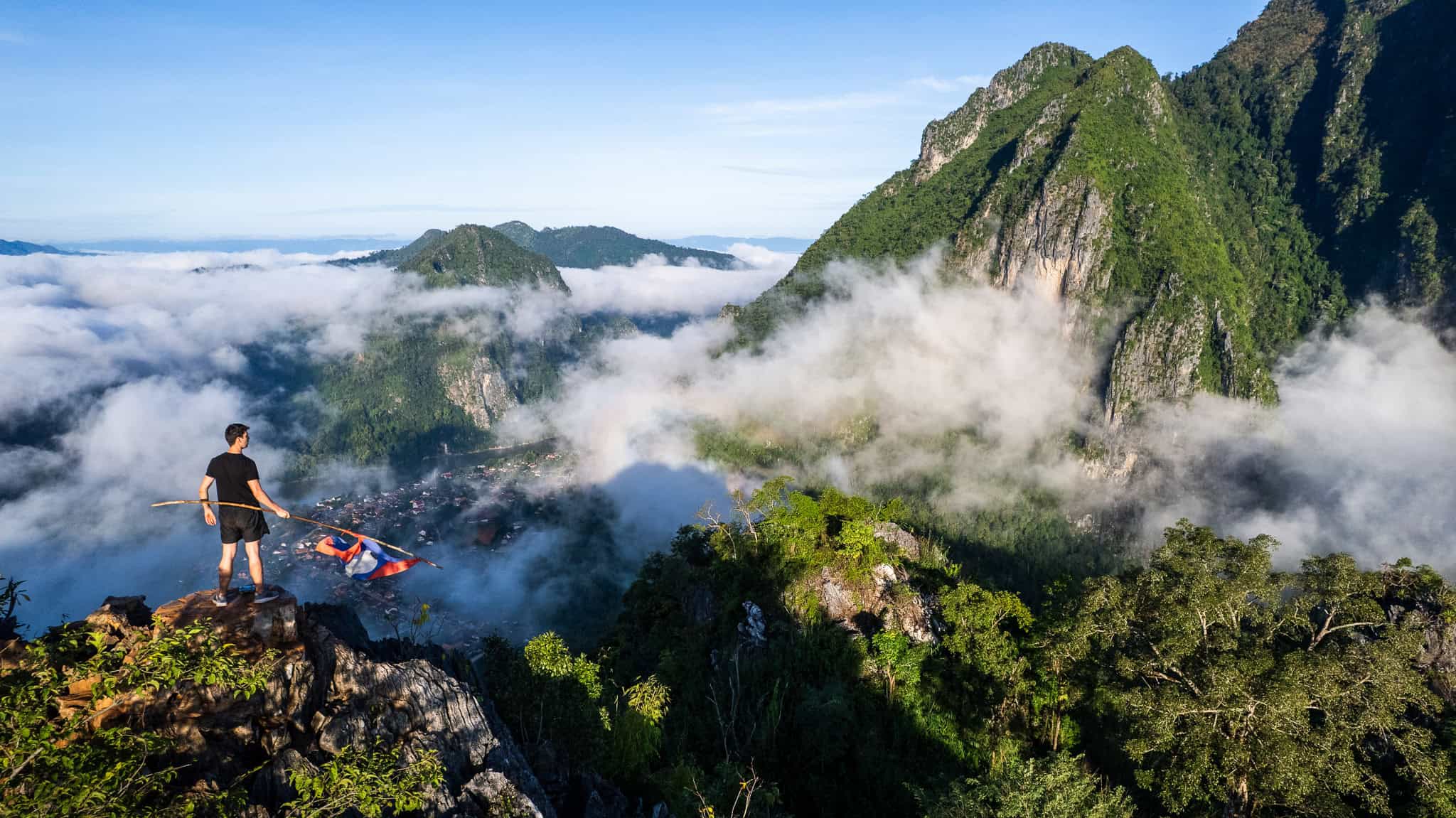 Aerial view of the sleeping place at the top of the mountain in nong khiaw in the morning.