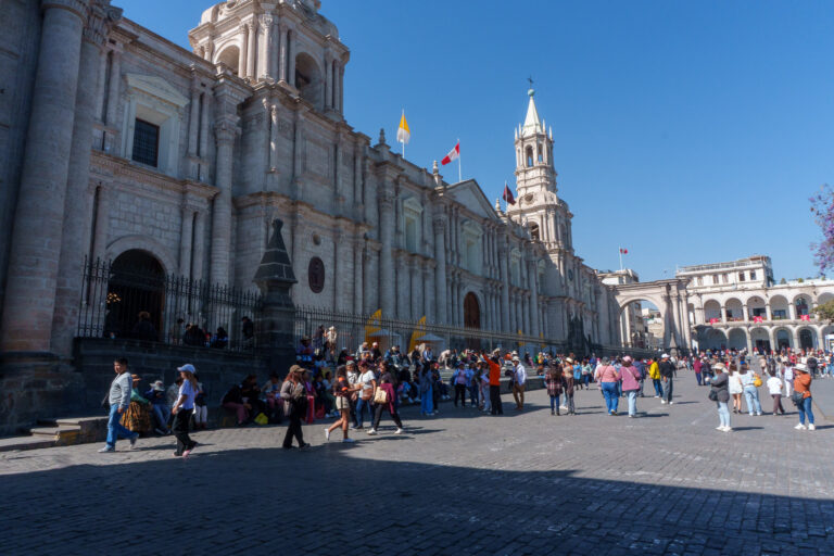 Basilica Cathedral of Arequipa with the plaza de armas in the foreground.