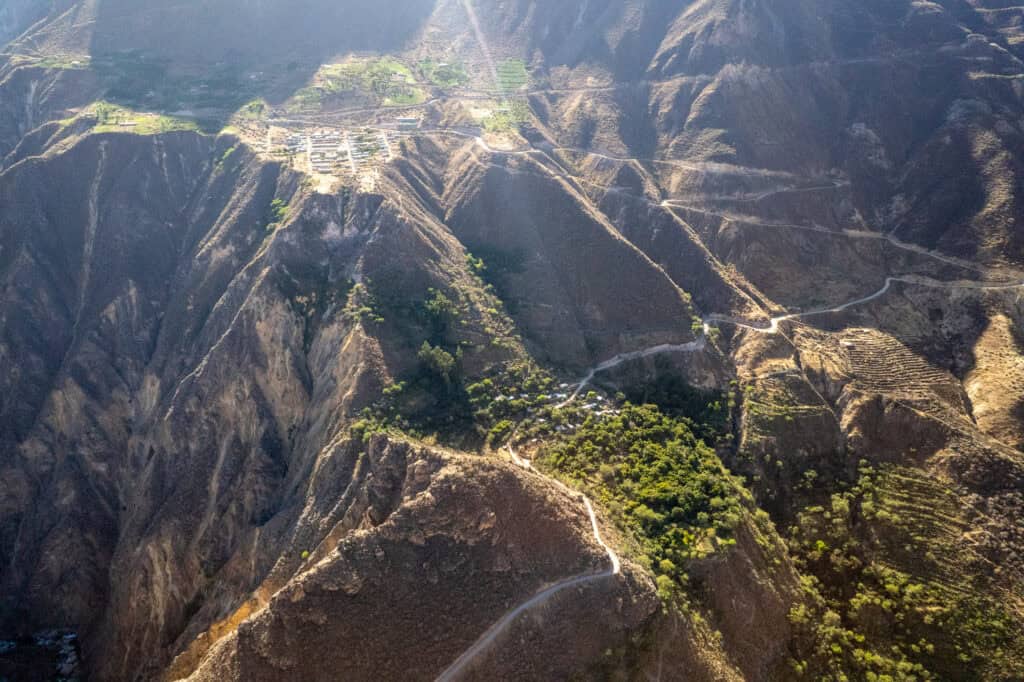 Aerial view of Paclla and Belen villages in the colca canyon. you taking this path during the second day of the trek through the colca canyon