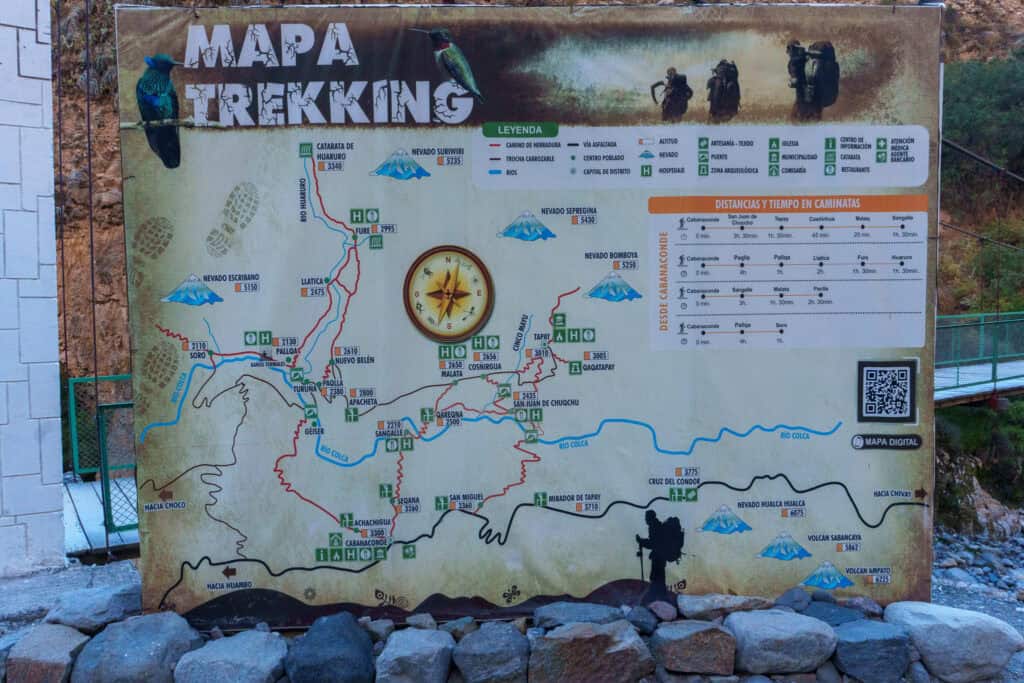 Trekking map of the Colca Canyon with all the possible trails that you can take