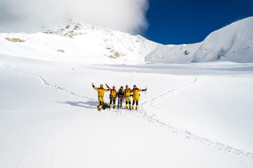 Alpinist group celebrating the Huayna Potosi summit