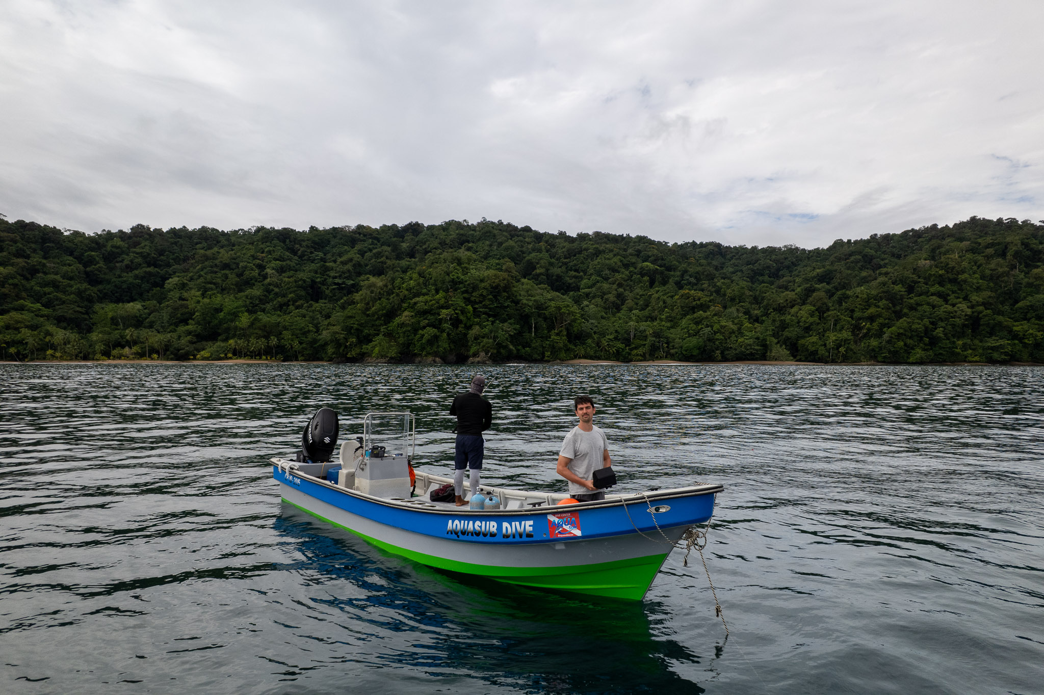 me (horizon hugo) on a boat from Aqua Sub in Bahia Solano with the captain on the boat waiting for the divers to come back. in the meantime I'm flying my drone trying to catch whales.