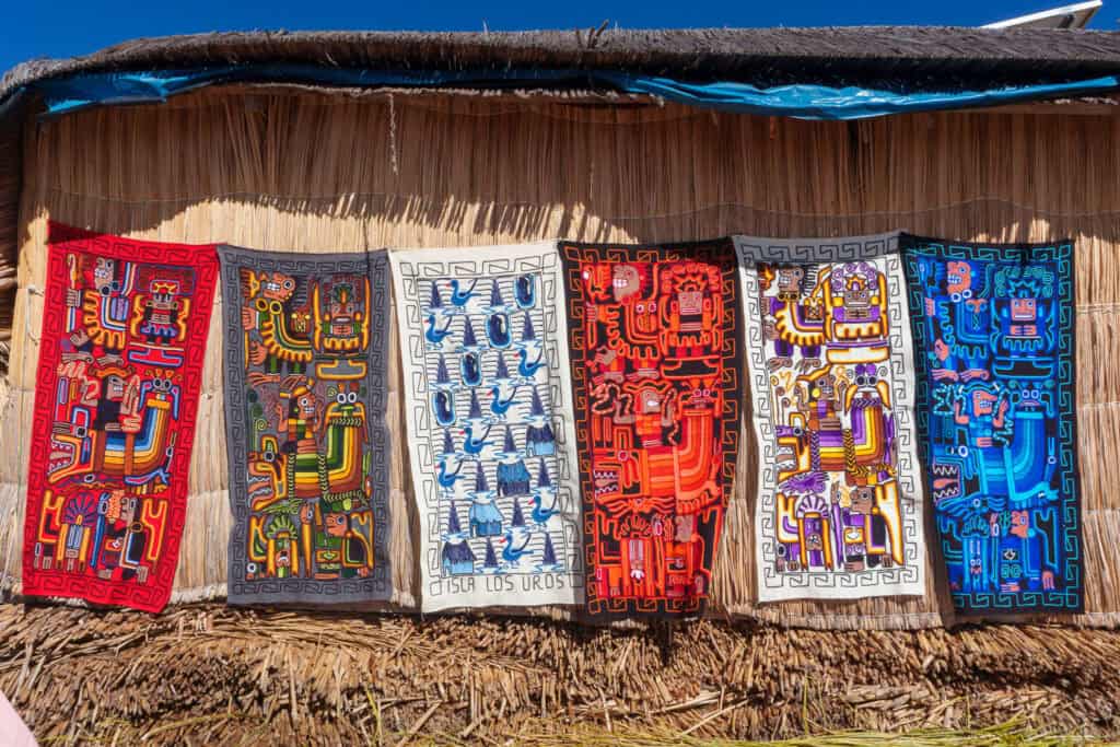 Large hand made textile made by the Uros families on the floating island on lake titicaca