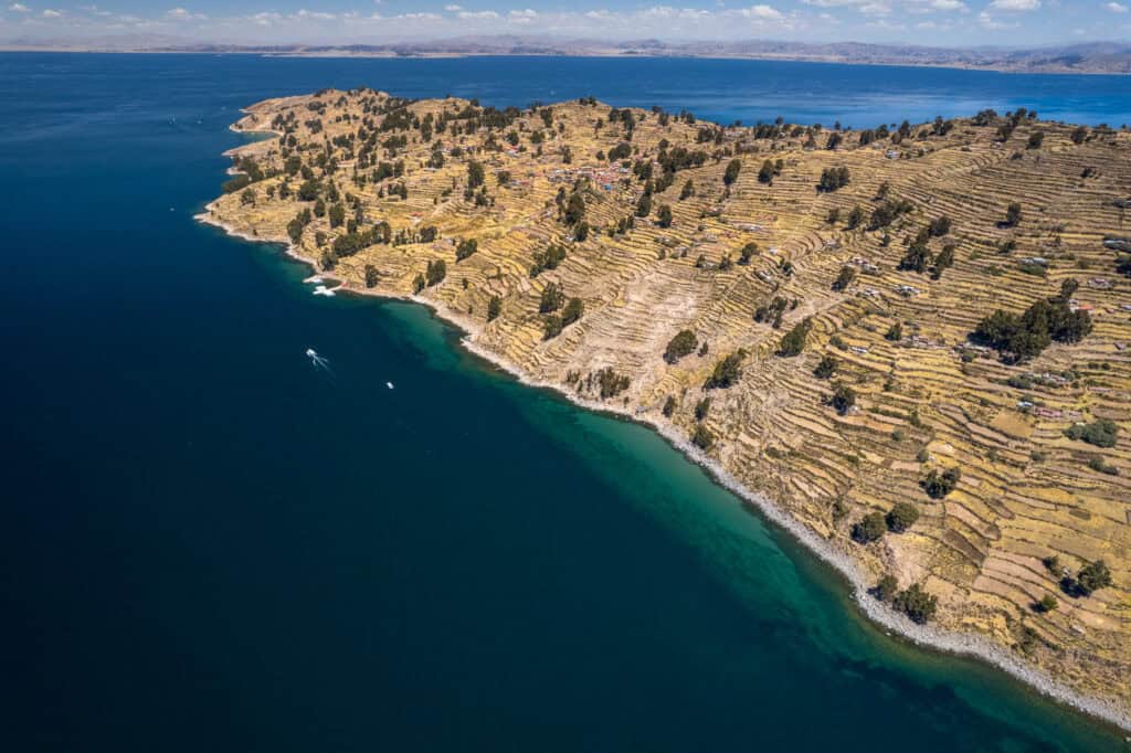 Aerial view of Taquile island on the middle of the lake titicaca