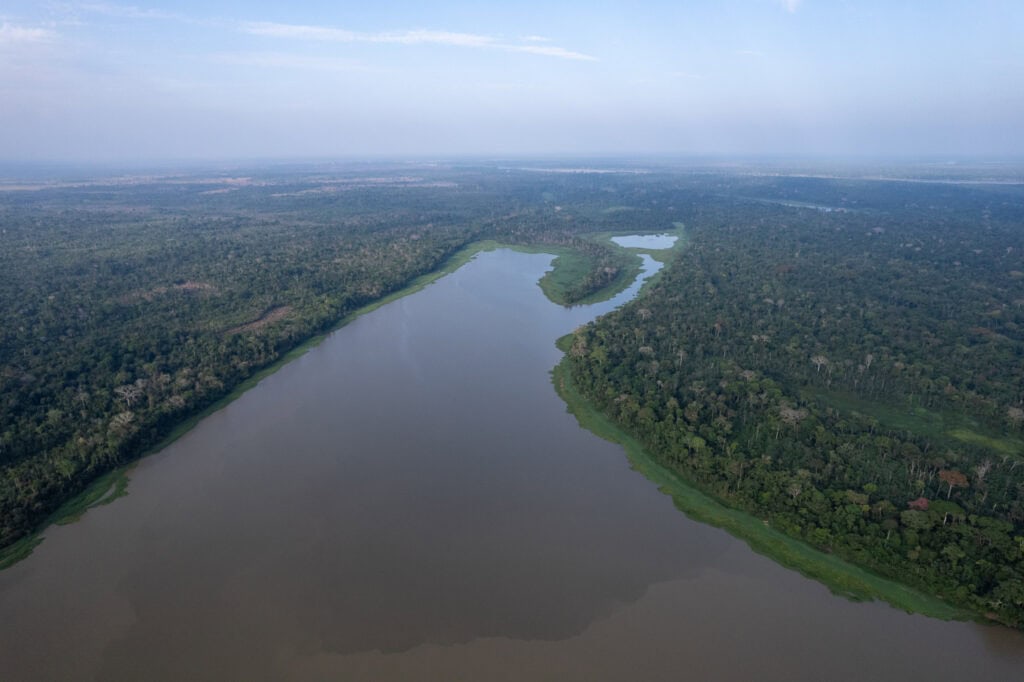 aerial view of the aquicuana reserve with the San Jose lake and the amazon rainforest all around, Bolivia.