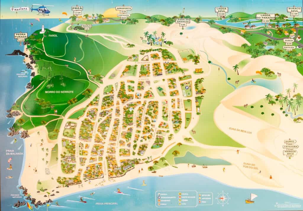 Jericoacoa map where all the roads and activities are marked.