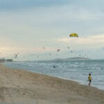 twenty or more poeple are doing kitesurf at the same time on Prea beach in the north of Brazil.