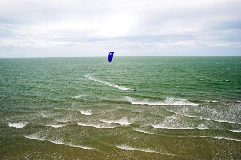 one person doing kitesurf in the sea between Jericoacoa and Prea, in Brazil.