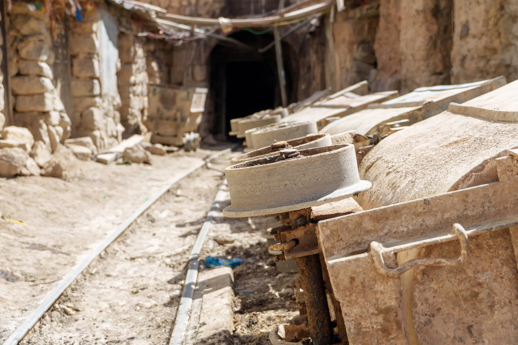 maine carts on the side of the rails at the entrance of the mine, Potosi, Bolivia.