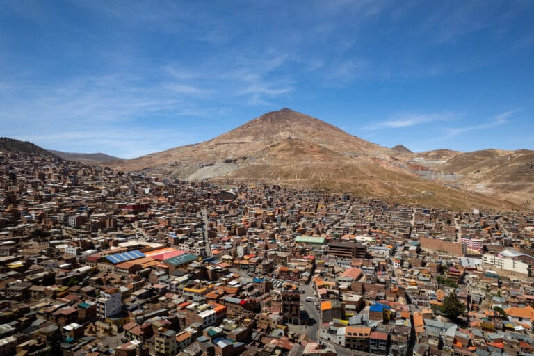 Drone view of Potosi and the Cerro Rico in the background.
