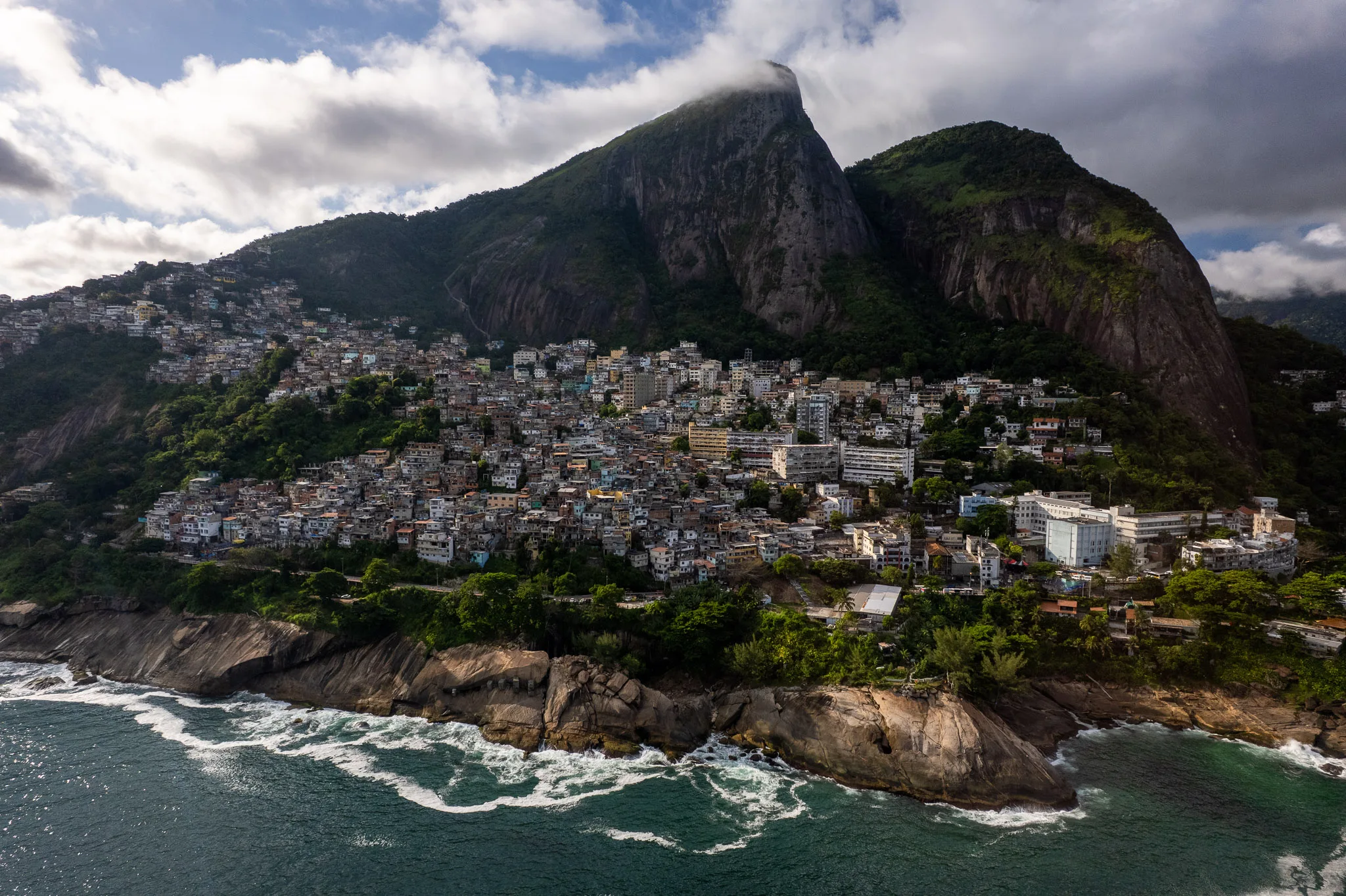 Drone view of Vidigal, one favela in the zona sul , in Rio de Janeiro, Brazil.