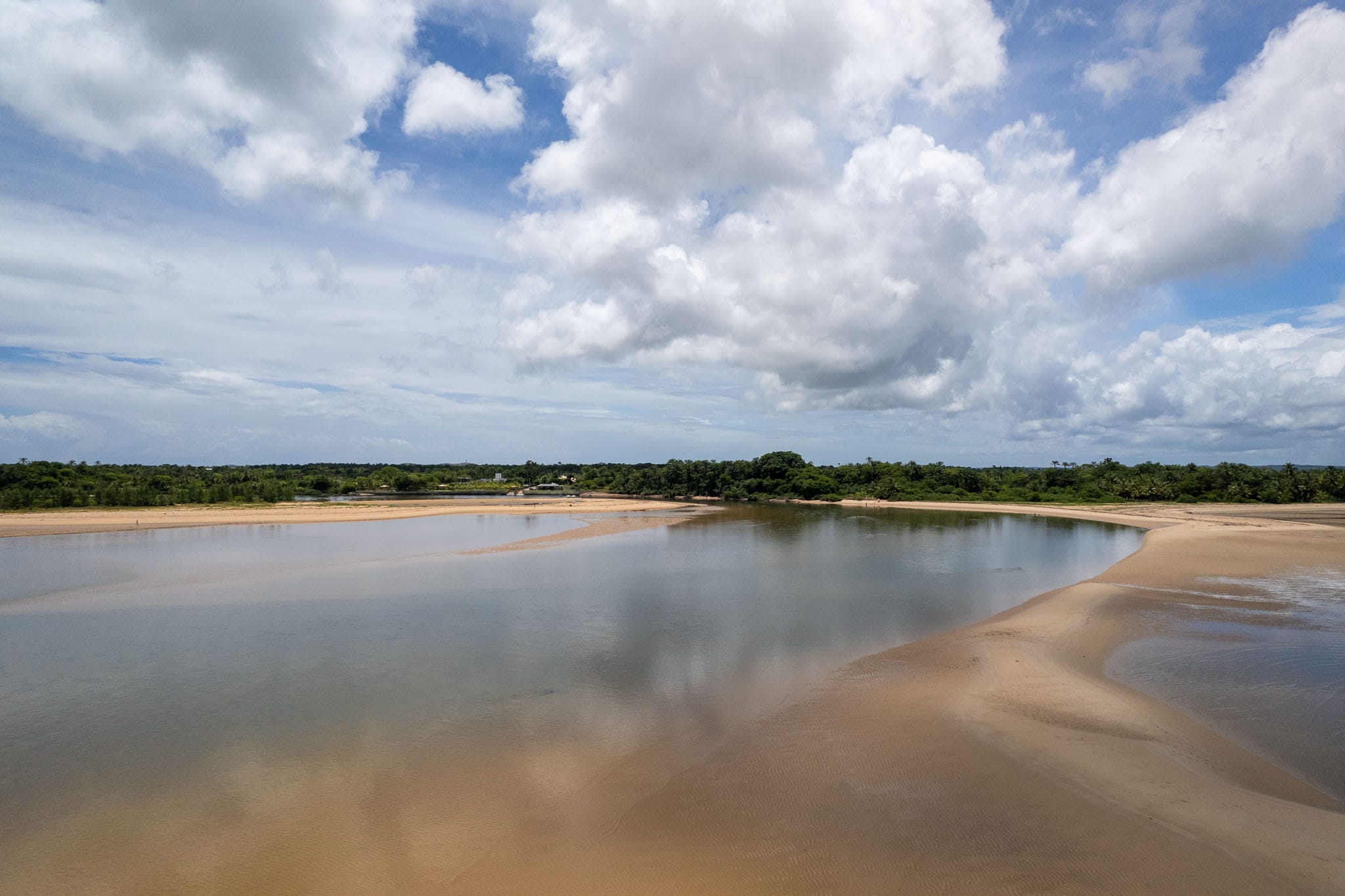 aerial view of the low tide at barra grande, sandbanks appear and the sea is very calm.