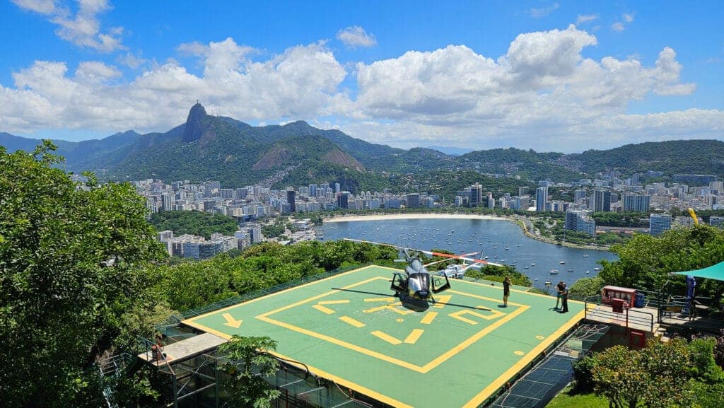 Helipad on the "Morro Da Urca" in Rio de Janeiro. there's the botafogo bay in the background as well as the corcovado, cristo Redeemer.