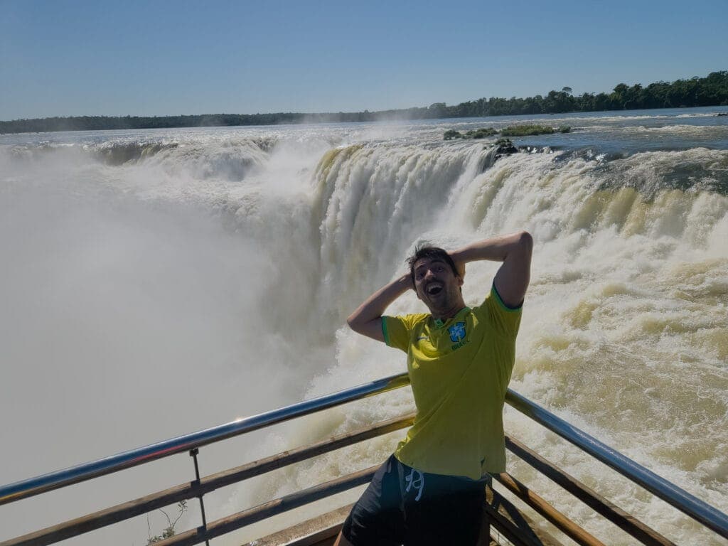 me ( Horizon Hugo) at the Devil's throat viewpoint with the iguazu falls behind me. I'm doing a surprised/amazed face.