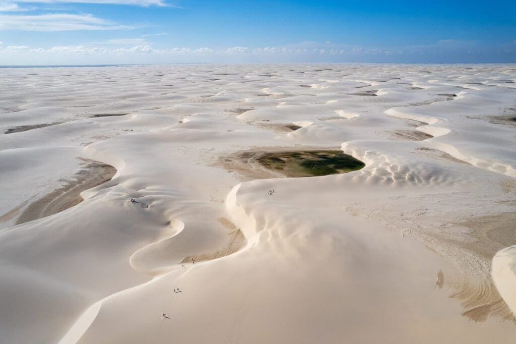 Aerial view of lencois maranhense snational park in january, before rainy season. the dunes are here but the lagoons are dry