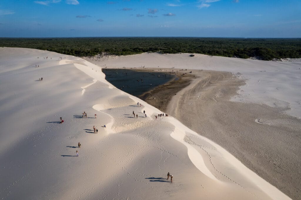 Aerial view of the dry national park of lencois maranhenses, Brazil. There is still a bit of a lagoon, but with small amount of water.