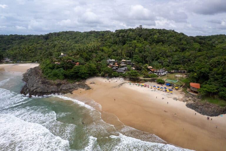 Aerial view of the Tiririca beach near the town of Itacaré, Brazil. the sea meets the jungle, the ebach is small with parasol, chairs and people.