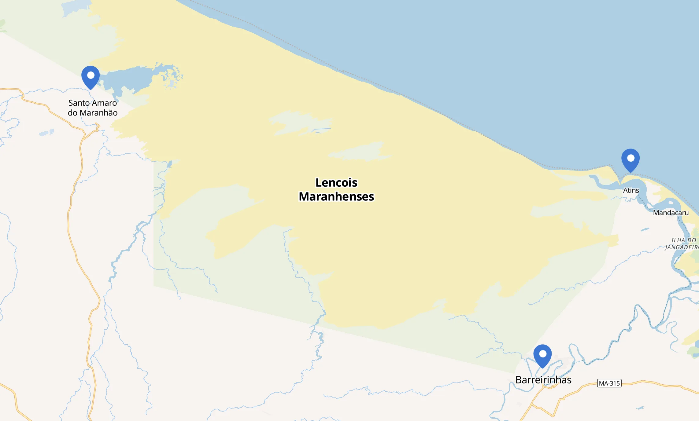 map on lencois maranhenses national park and the cities nearby. we see Santo Amaron, Barreirinhas and Atins.