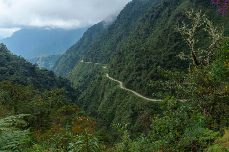 Wide view of the Death Road Valley with the visible road on the right side of the picture