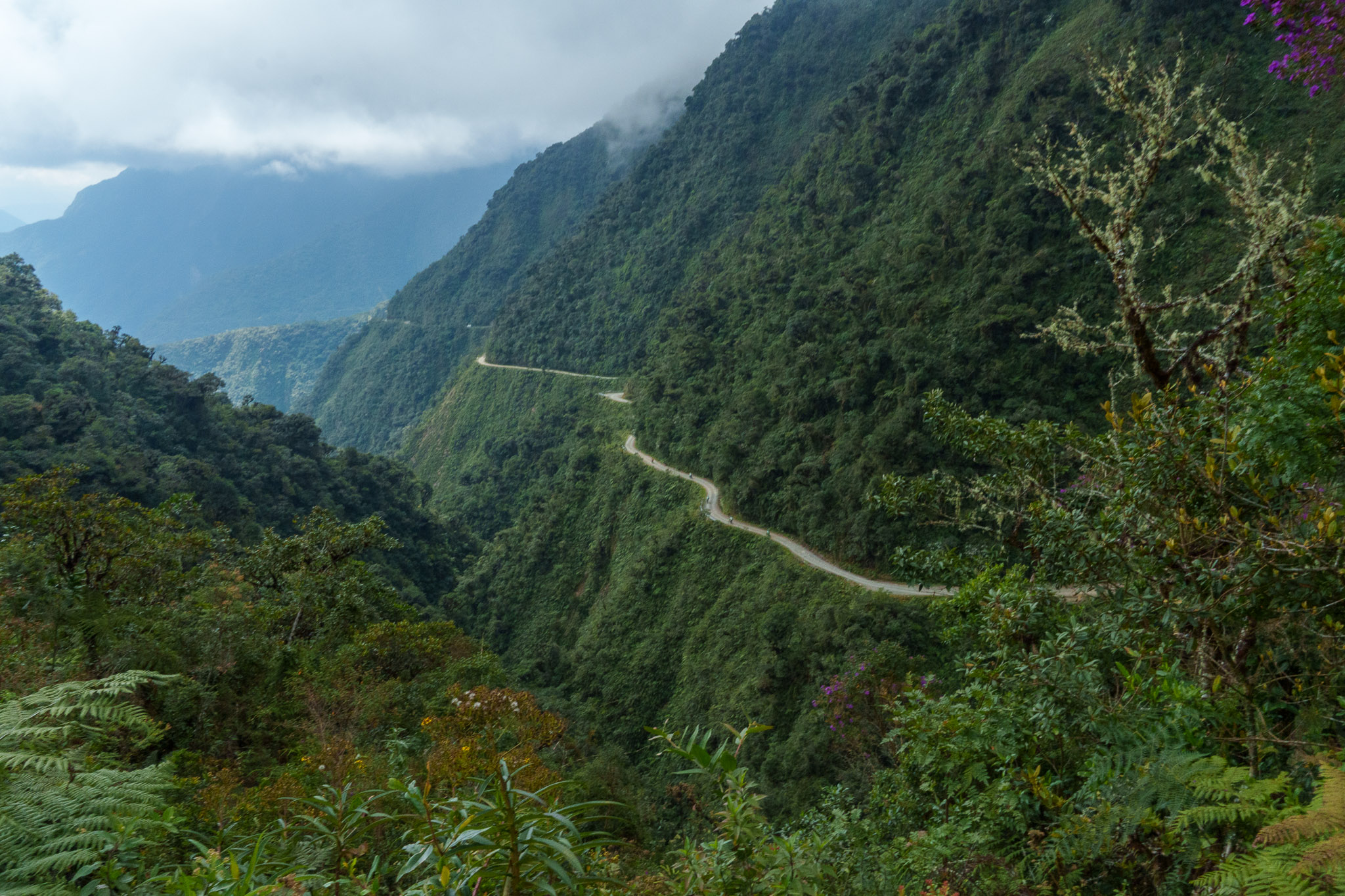 Wide view of the Death Road Valley with the visible road on the right side of the picture