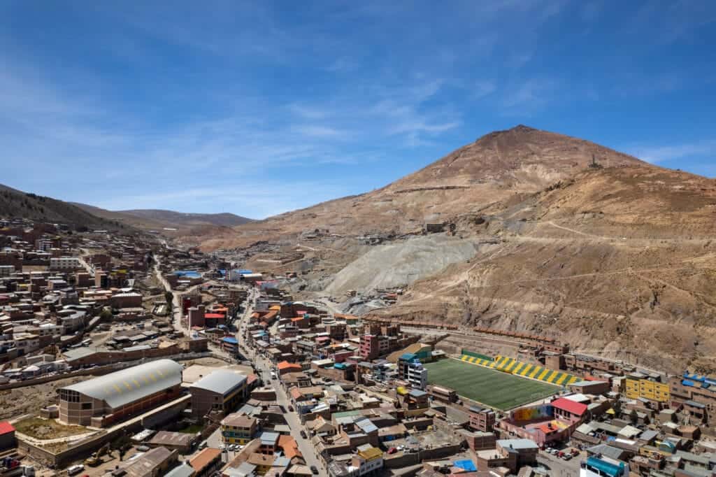 Aerial view of Potosi famous mountain "Cerro Rico" where the miners extract minerals.