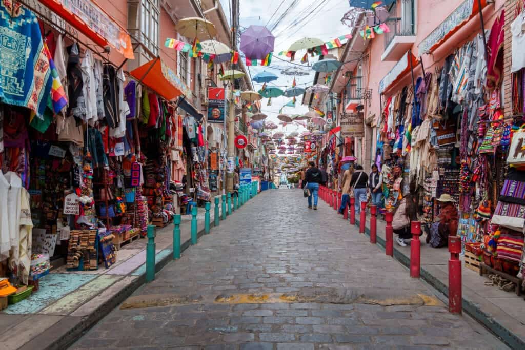 Touristic streets in La Paz. The street is well decorated and has many shops to buy souvenir.