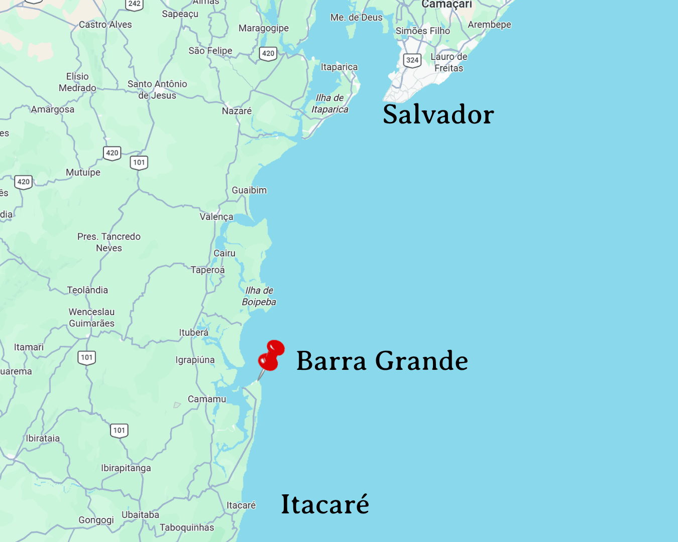 Google map screenshot that show where is located Barra Grande relatively to Salvador and Itacaré.