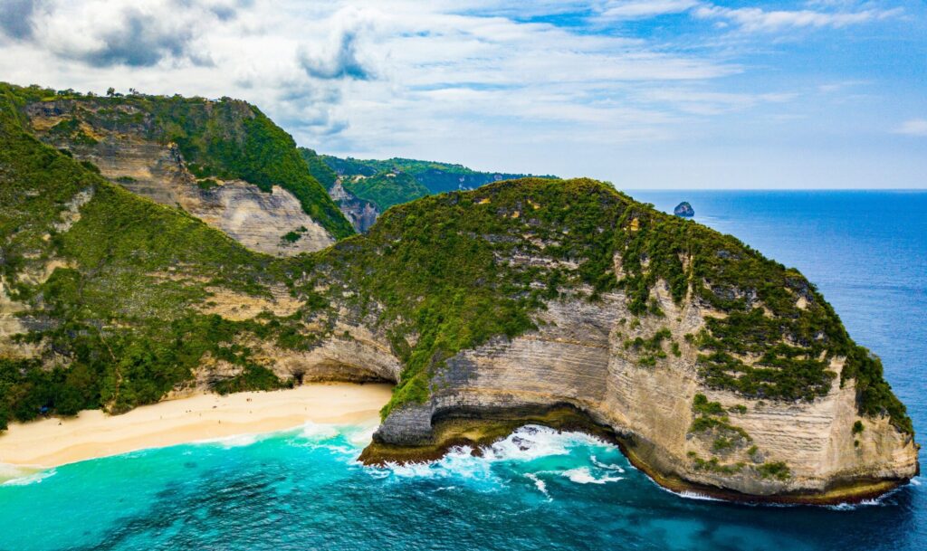Drone view of the famous beach in Nusa Penida, Bali, Indonesia.