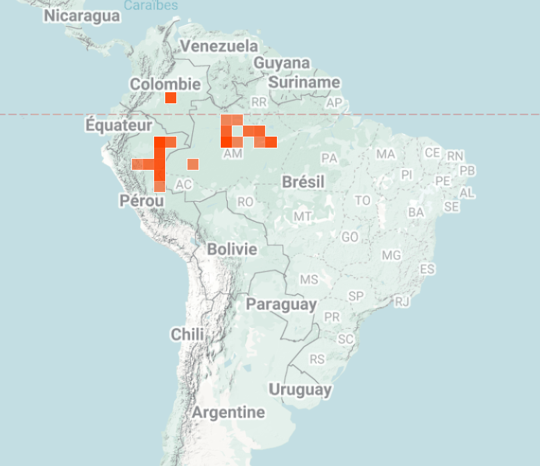 Map of where Uakari monkey has been spotted - iNaturalist