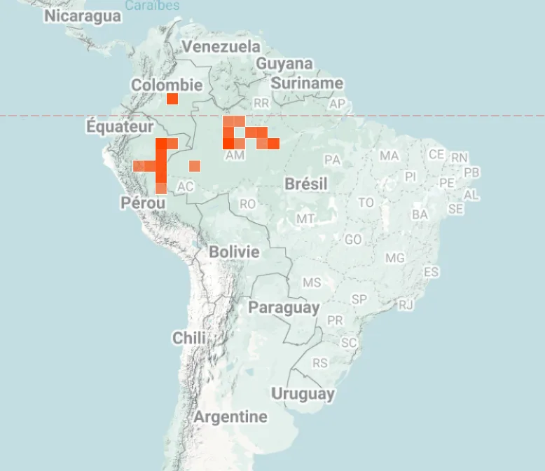 Map of where Uakari monkey has been spotted - iNaturalist