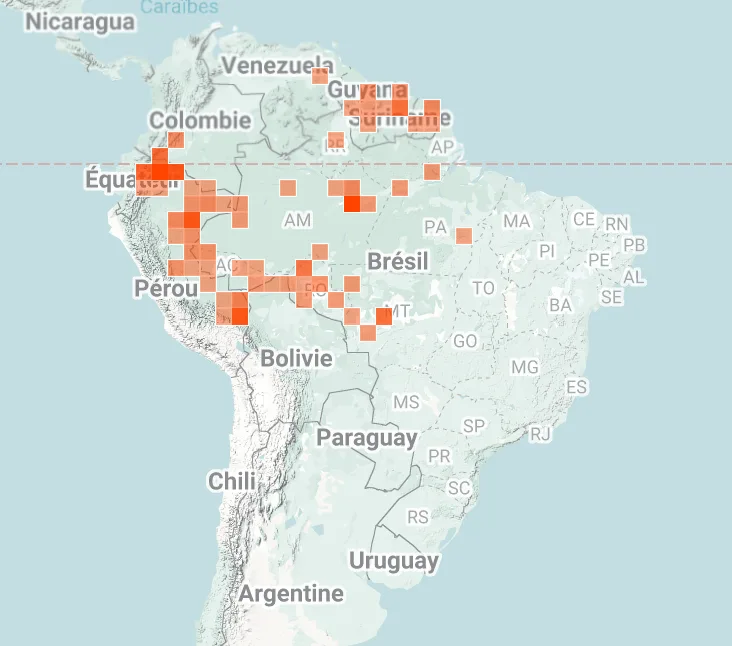 iNaturalist map of where Saki monkeys have been spotted in central and South America.