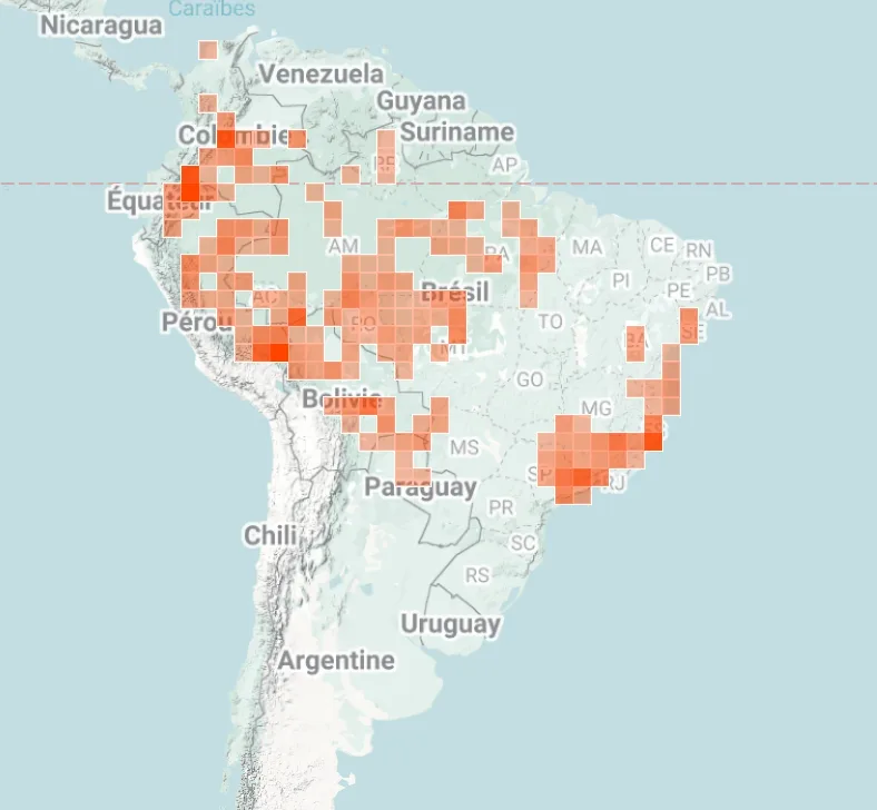 iNaturalist map of where Titi monkeys have been spotted in central and South America.
