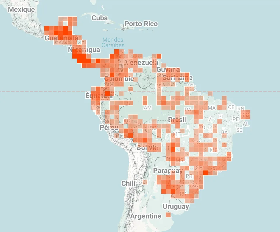 iNaturalist map of where Howler monkeys have been spotted in central and South America.
