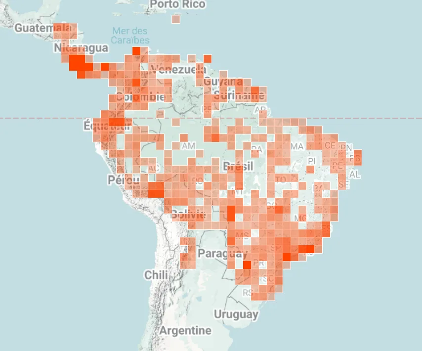 iNaturalist map of where Capuchin monkeys have been spotted in central and South America.