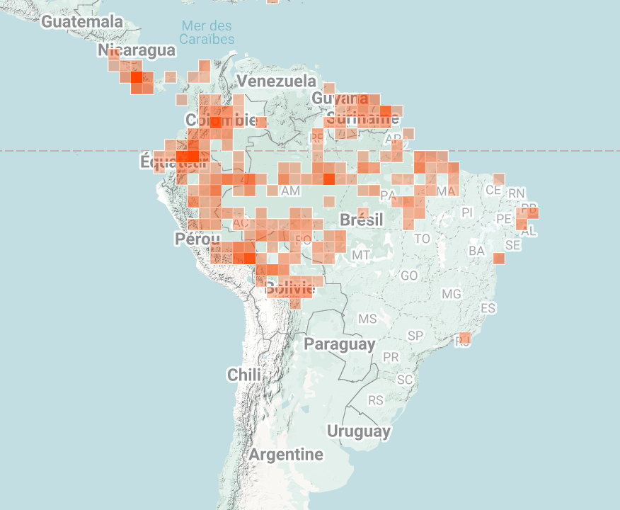 iNaturalist map of where Squirrel monkeys have been spotted in central and South America.