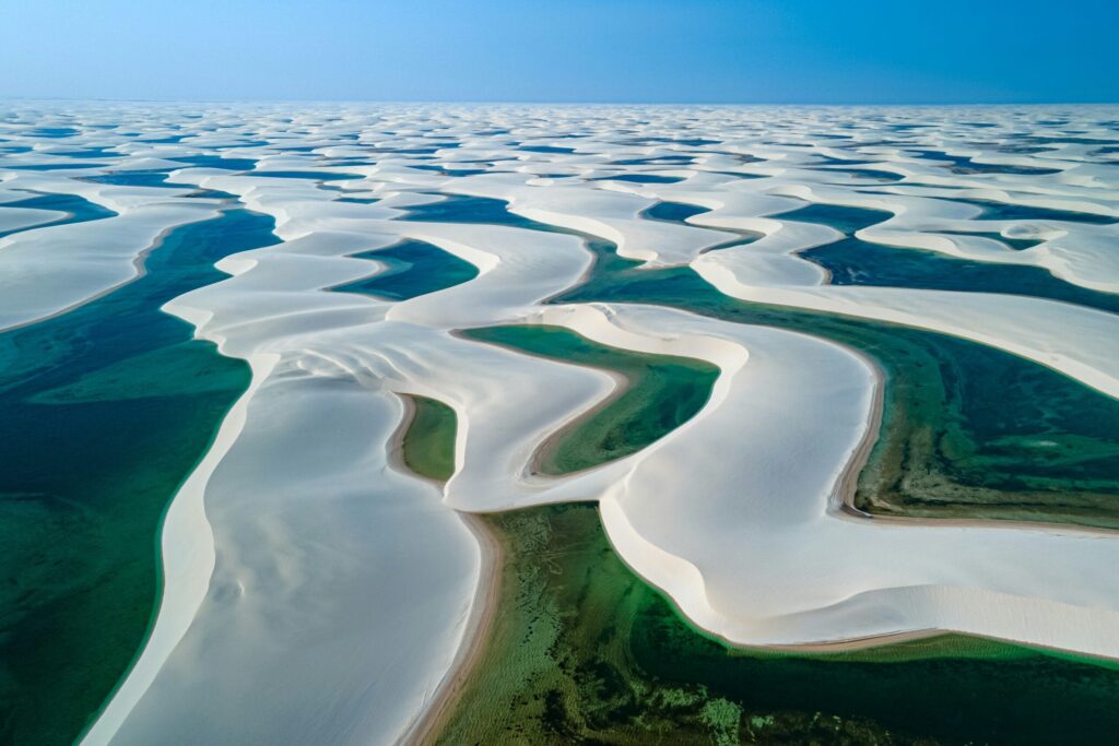 Aerial view of lencois maranhenses, with dunes and lagoons in Brazil, Ceara.