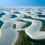 Aerial view of lencois maranhenses, with dunes and lagoons in Brazil, Ceara.