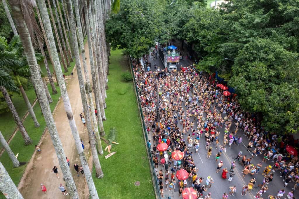 Drone view of a bloco hapening next to the "Jardim Botanico" in Rio.