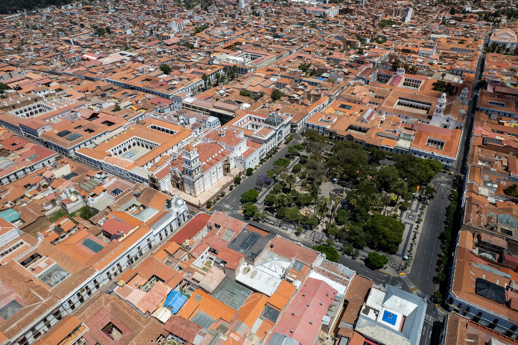Drone view of Sucre in Bolivia above the main place with the National Palace and Cathedral Metropolitana Basilica of Our Lady of Guadalupe.