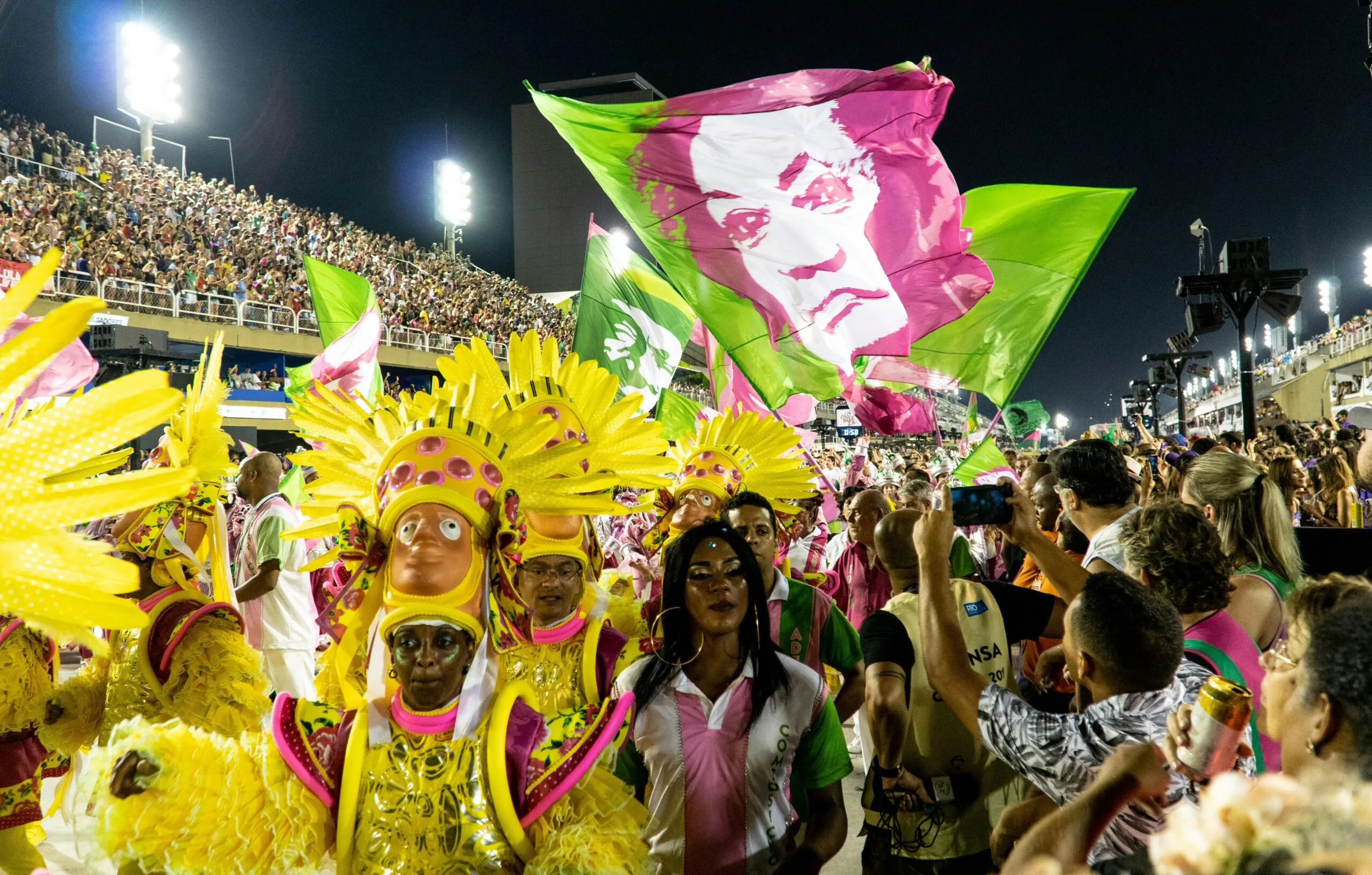 Parade of a samba school at the sambodromo during the carnival in Rio de janeiro, Brazil.