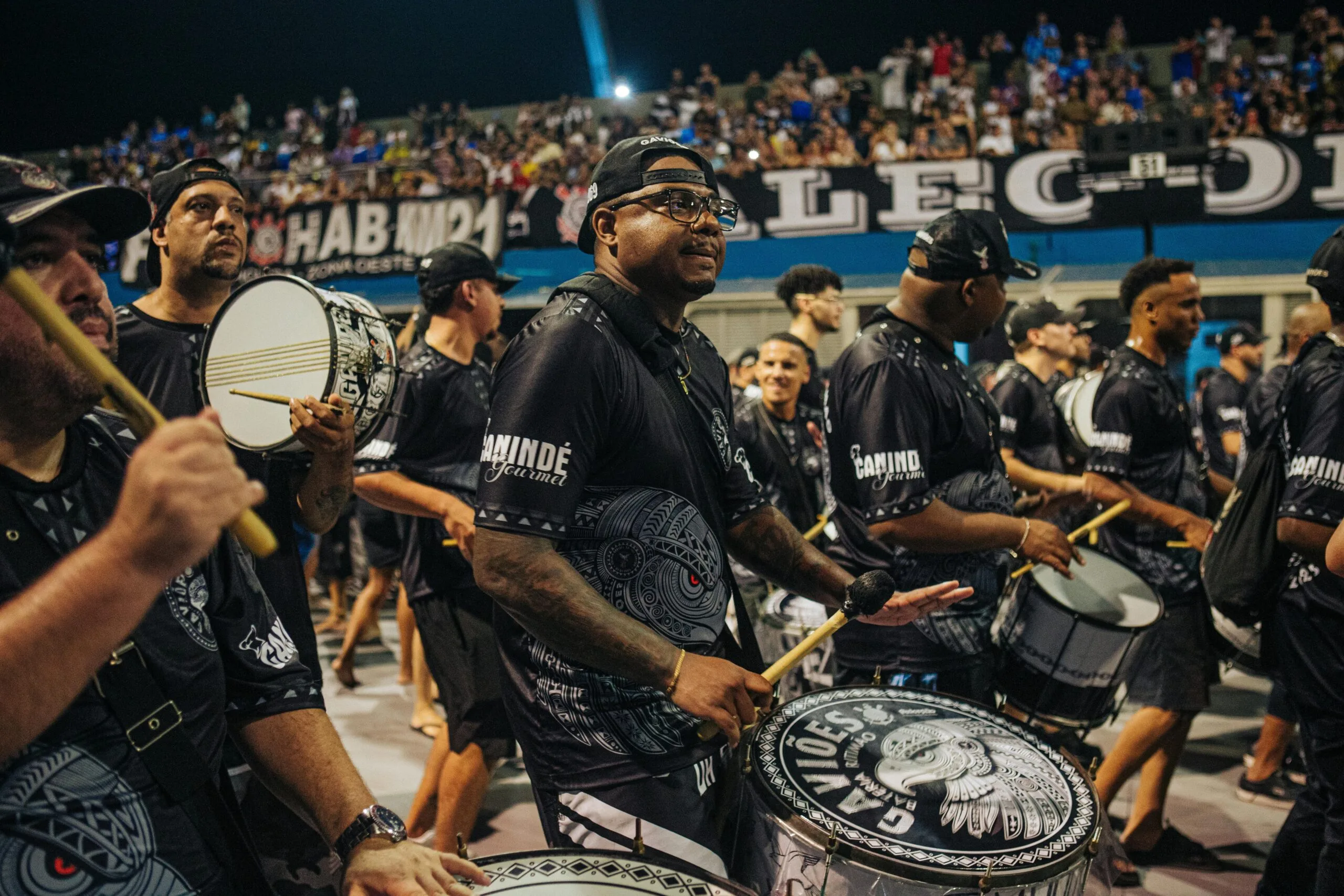 Parade of a music group at the sambodromo during the carnival in Brazil.