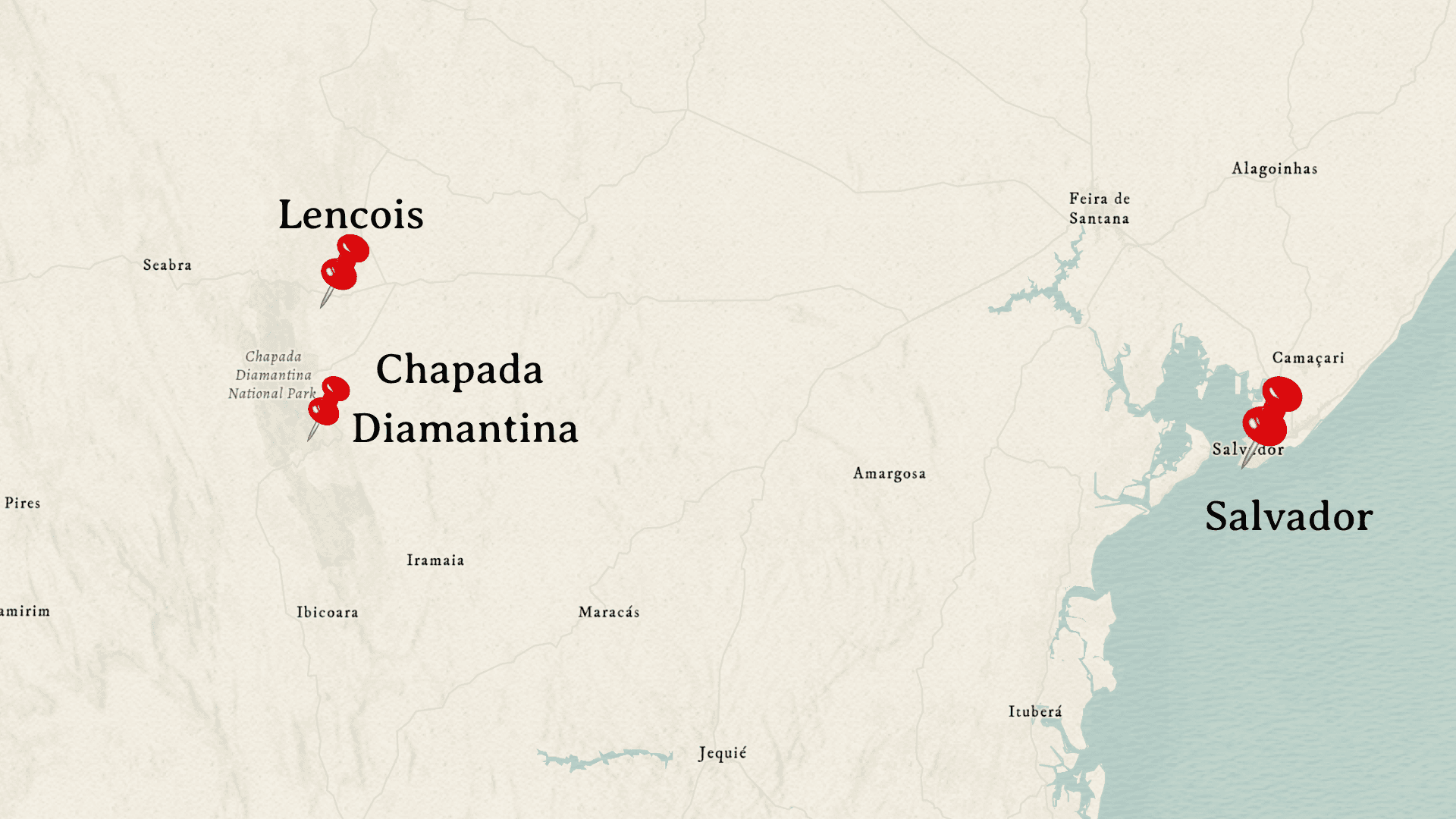 map of bahia region with pins on salvador, lencois and chapada diamantina.