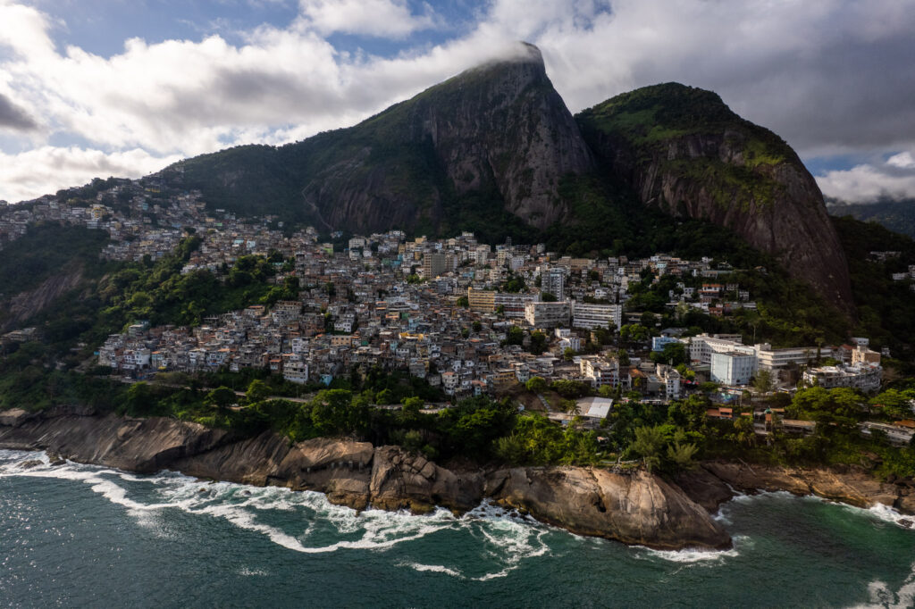 Aerial view of the Vidigal favela and dois irmaos mountian in rio de janeiro , Brazil.